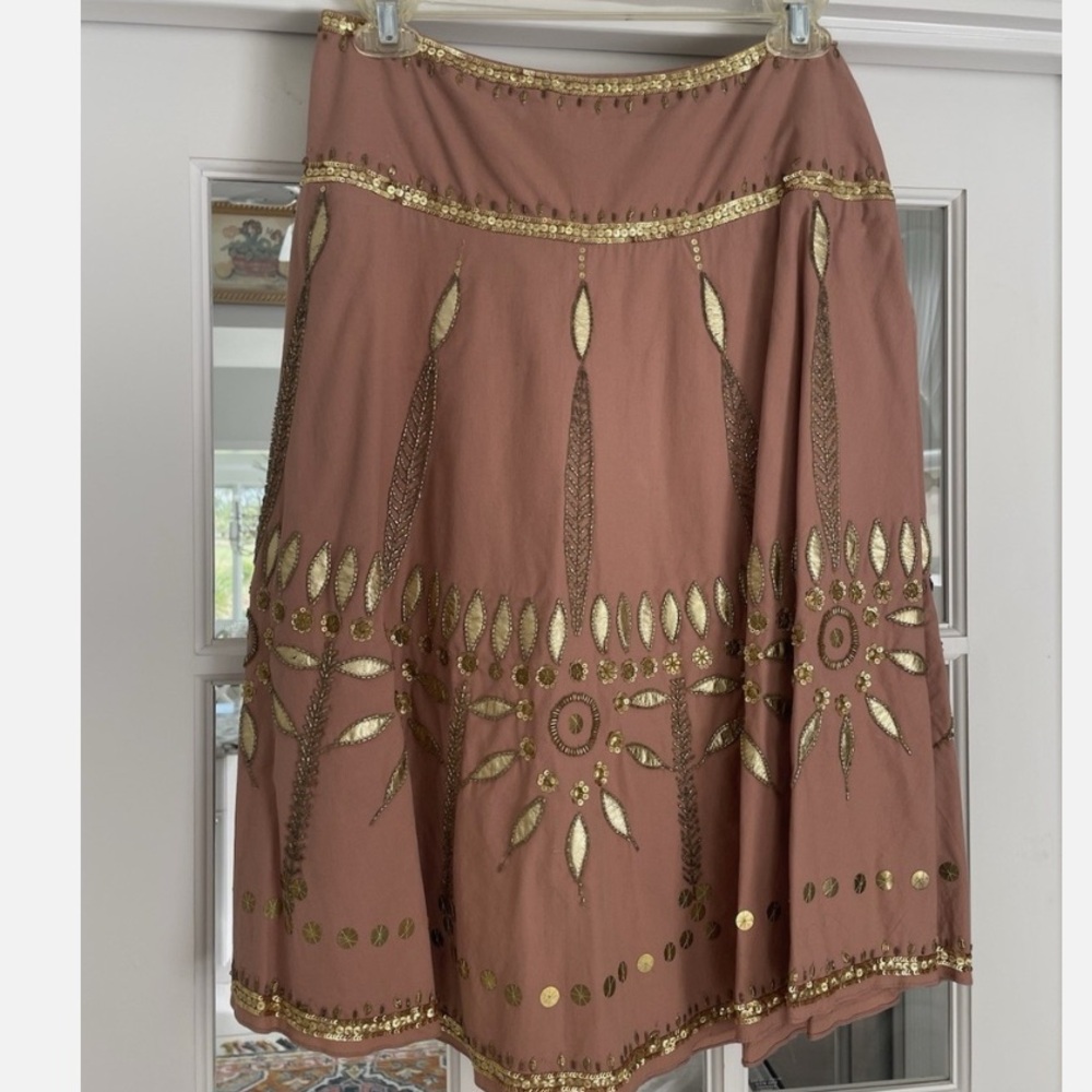 Temperley London - Embellished Dusty Rose Midi Skirt - Gold Sequin & Leather